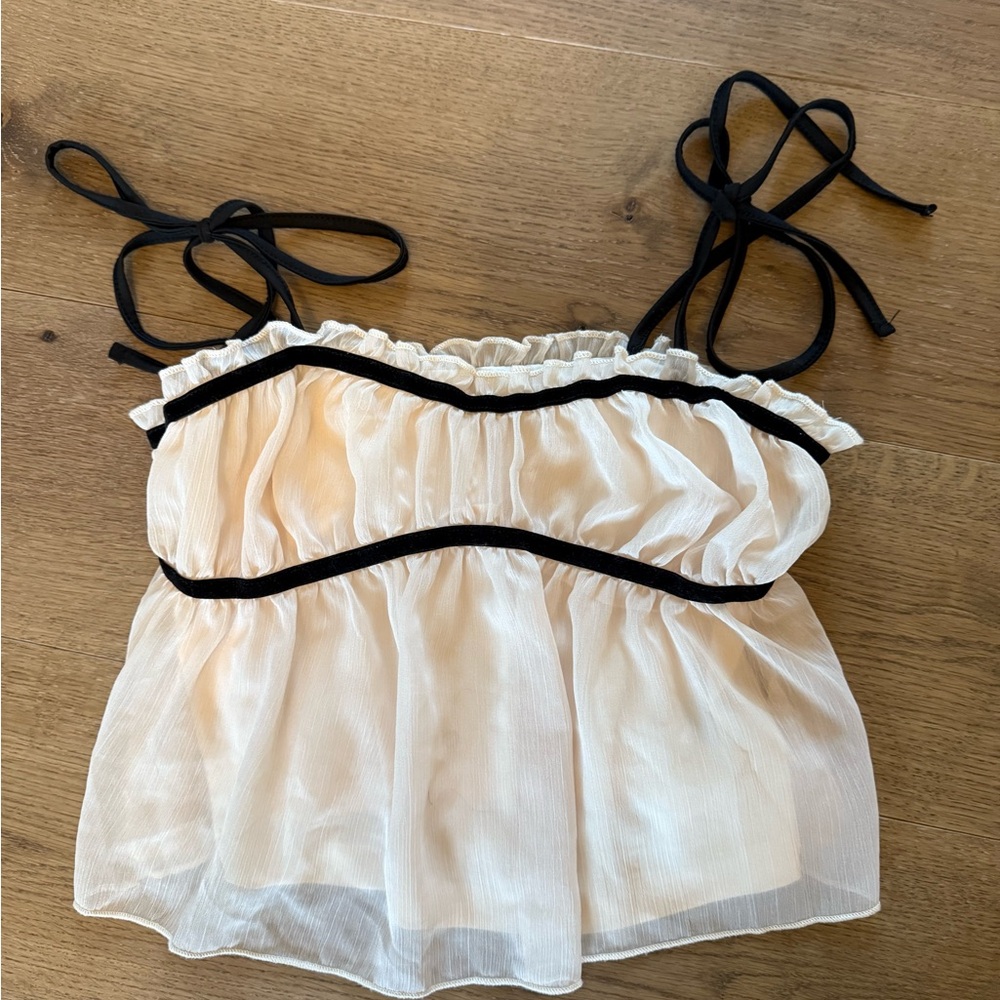 Shein Sheer Ivory Ruffle Tie-Shoulder Babydoll Tank with Black Trim- cropped